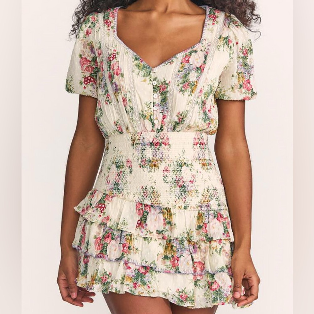 LoveShackFancy Cream Ruffled Smocked Mini Dress